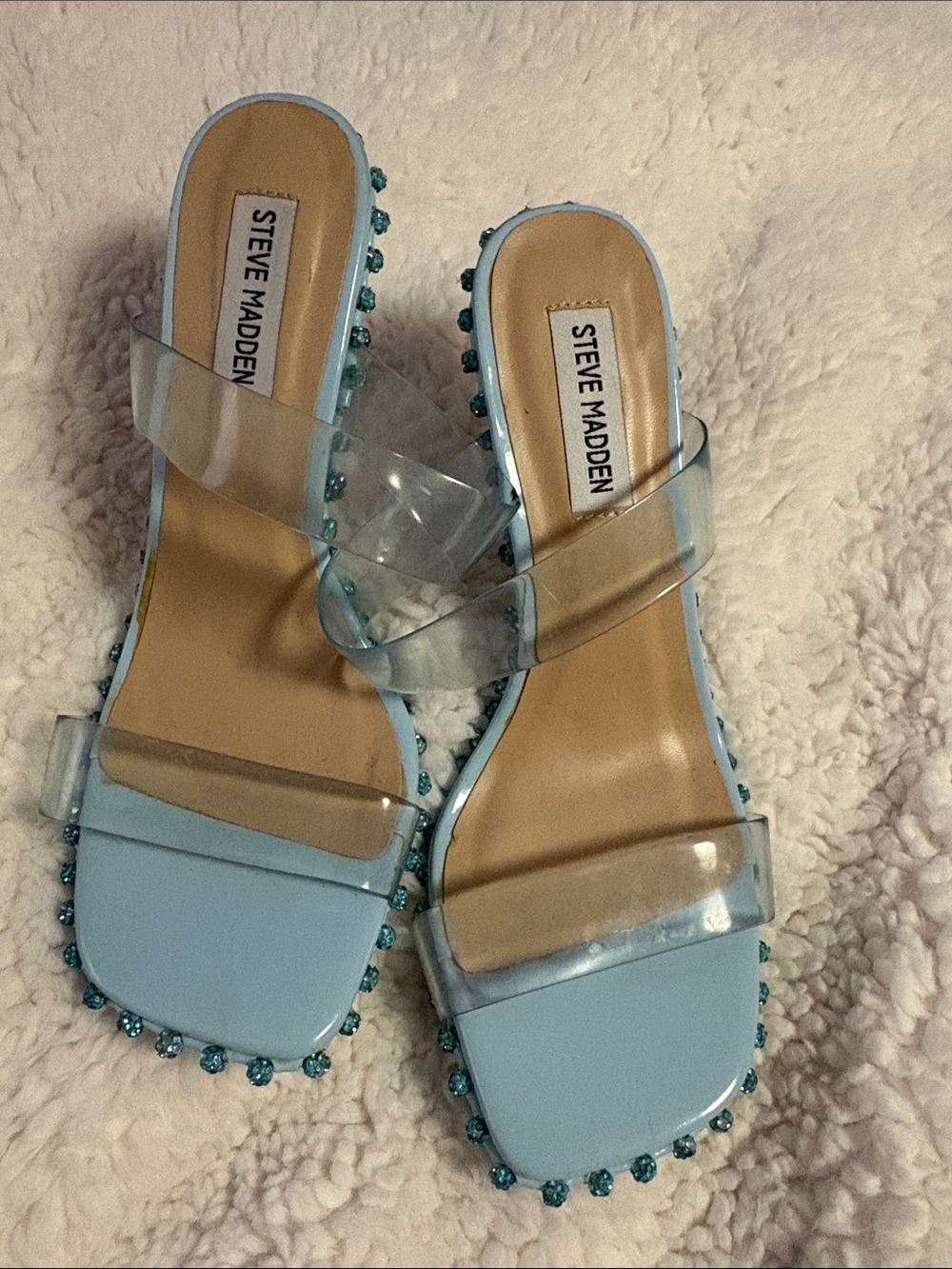 Steve Madden Light Blue Beaded Clear-Strap Slide Sandals